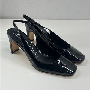 New Calvin Klein Square Toe Slingback Pump in Black Faux Patent Leather Size 8.5